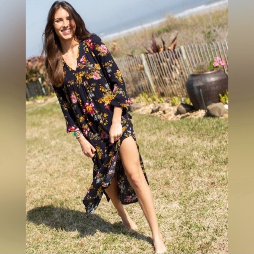 NATURAL LIFE Black Rowan Floral Side Slit Midi Dress Large